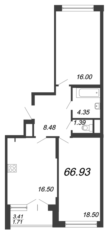 3-комнатная (Евро) квартира, 66.93 м² - планировка, фото №1