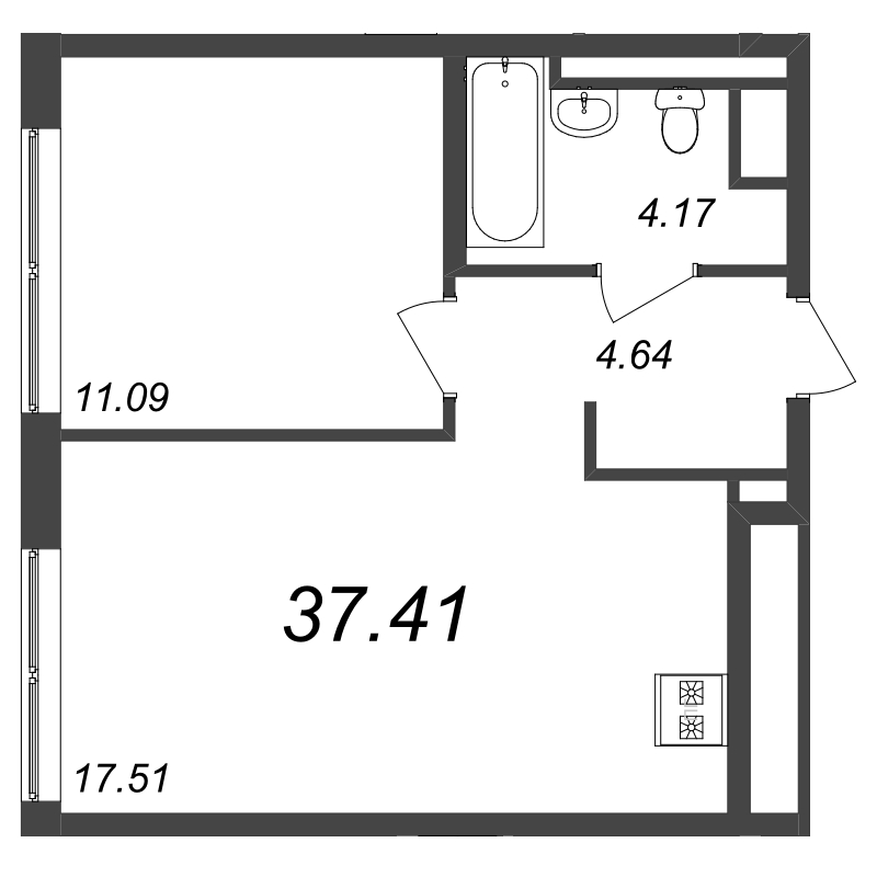 2-комнатная (Евро) квартира, 37.41 м² - планировка, фото №1