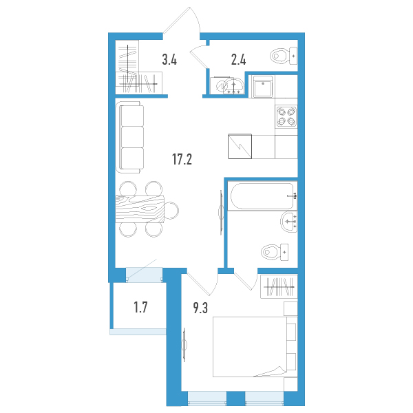 2-комнатная (Евро) квартира, 37.3 м² - планировка, фото №1