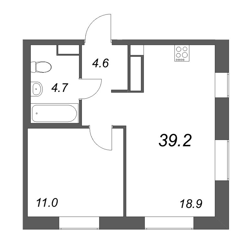 2-комнатная (Евро) квартира, 39.2 м² - планировка, фото №1