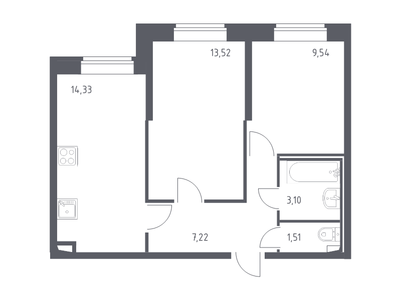 2-комнатная квартира, 49.22 м² - планировка, фото №1