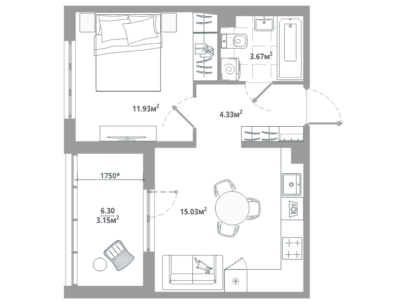 2-комнатная (Евро) квартира, 38.11 м² в ЖК "ЛесАрт" - планировка, фото №1