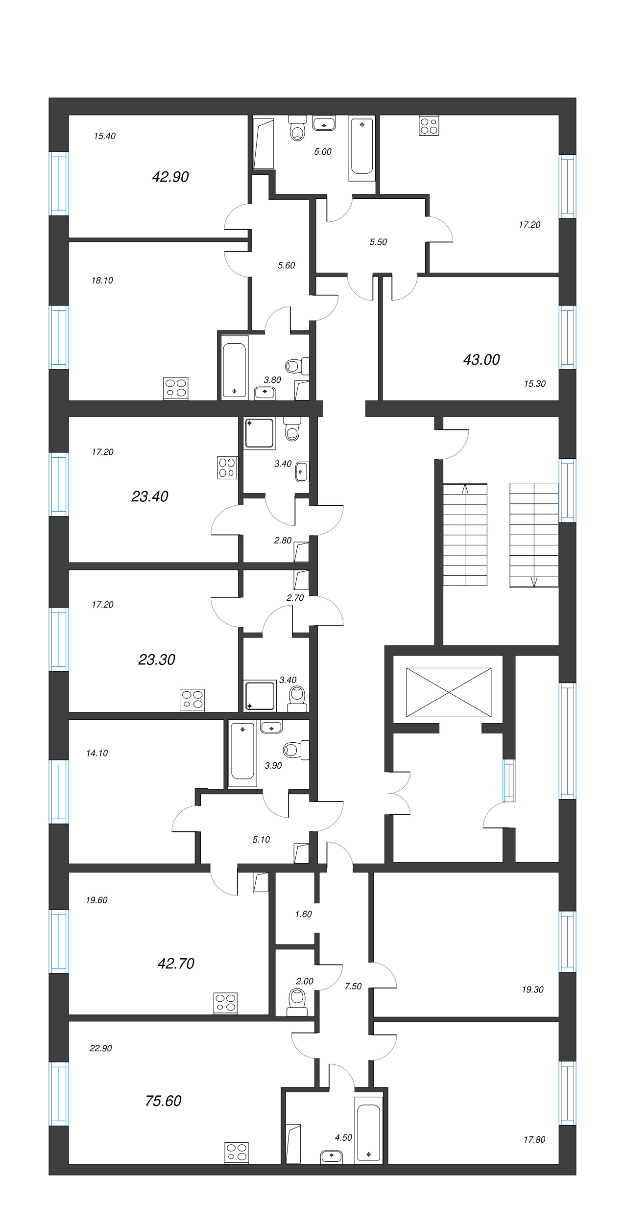 2-комнатная (Евро) квартира, 42.8 м² - планировка этажа