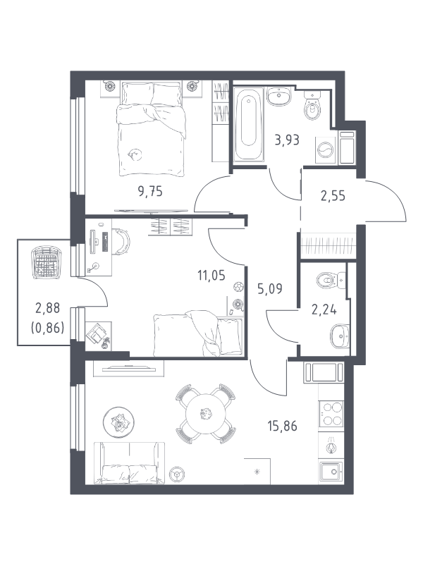 3-комнатная (Евро) квартира, 51.34 м² в ЖК "Новое Колпино" - планировка, фото №1