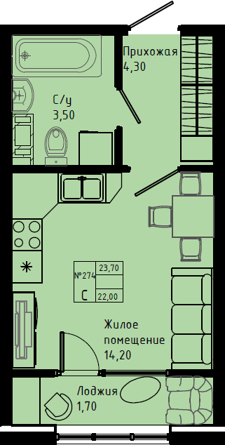 Квартира-студия, 23.7 м² в ЖК "Pixel" - планировка, фото №1