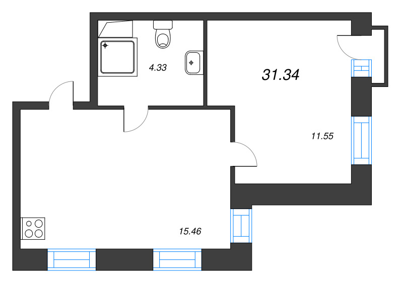 2-комнатная (Евро) квартира, 31.34 м² в ЖК "ID Polytech" - планировка, фото №1