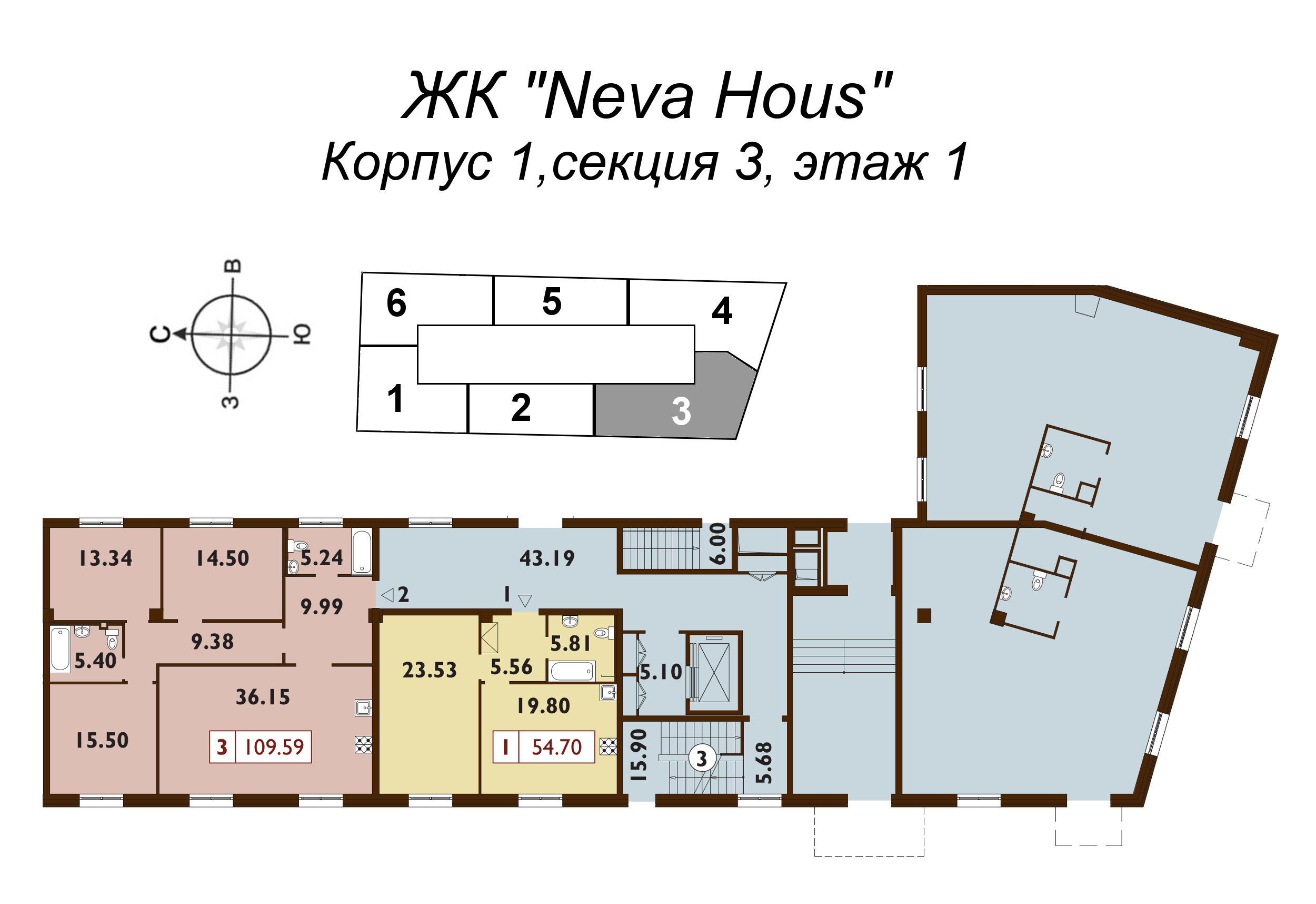 2-комнатная (Евро) квартира, 54.4 м² в ЖК "Neva Haus" - планировка этажа