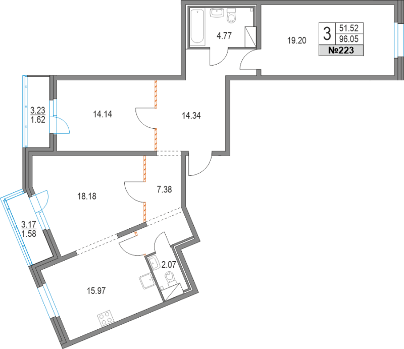3-комнатная квартира, 96 м² в ЖК "Приморский квартал" - планировка, фото №1