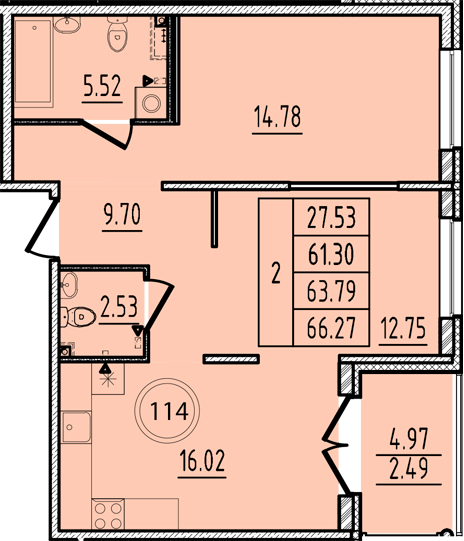 3-комнатная (Евро) квартира, 61.3 м² - планировка, фото №1