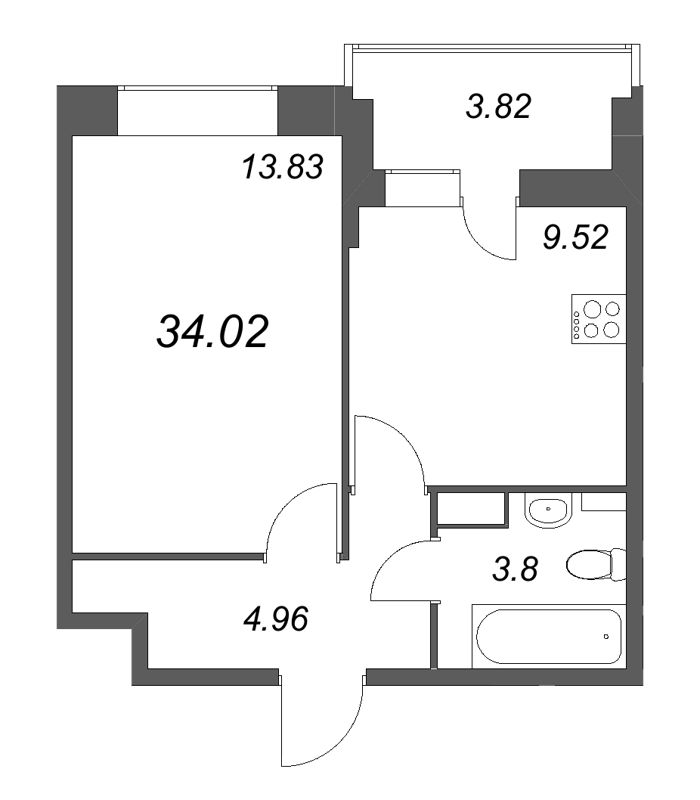 1-комнатная квартира, 34.02 м² - планировка, фото №1