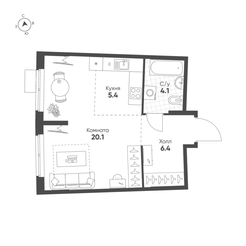 Квартира-студия, 36 м² в ЖК "Ягодное Река Парк" - планировка, фото №1