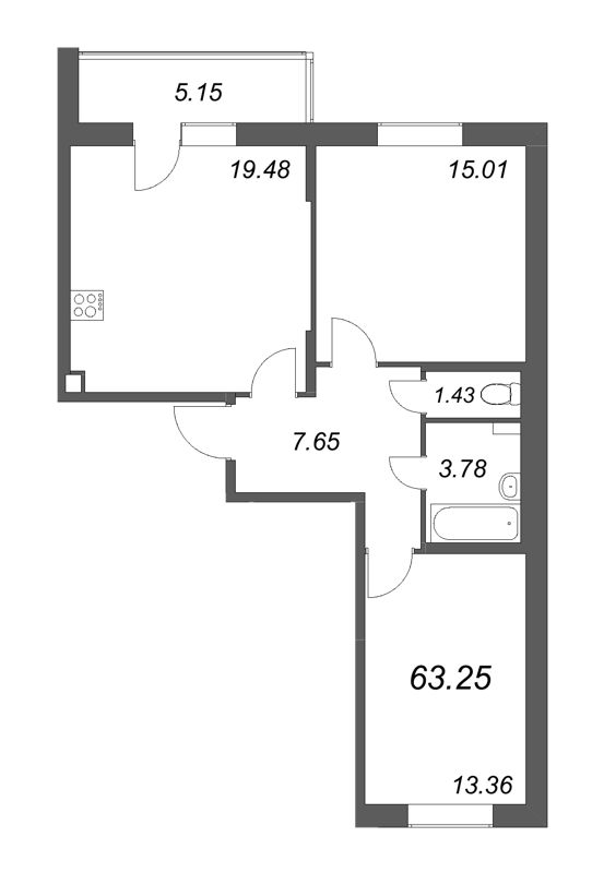 3-комнатная (Евро) квартира, 63.25 м² - планировка, фото №1