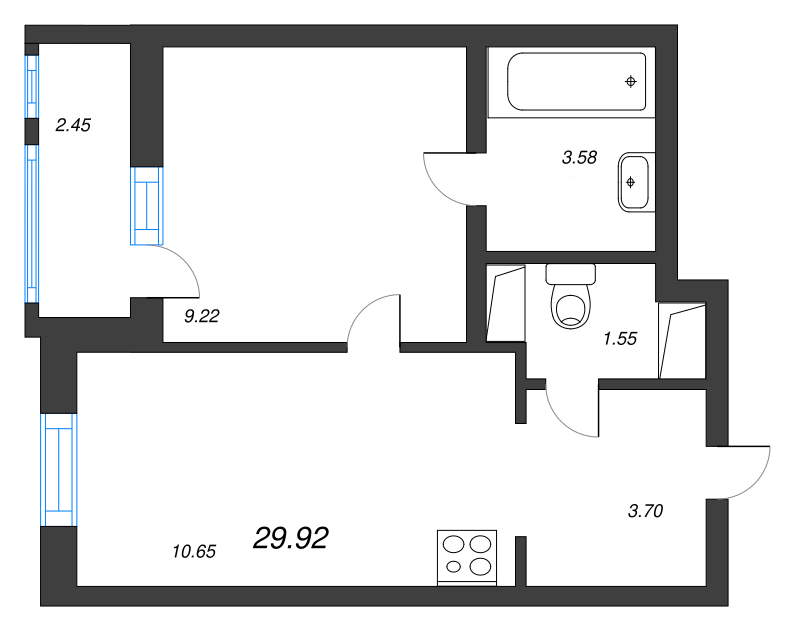1-комнатная квартира, 29.92 м² - планировка, фото №1