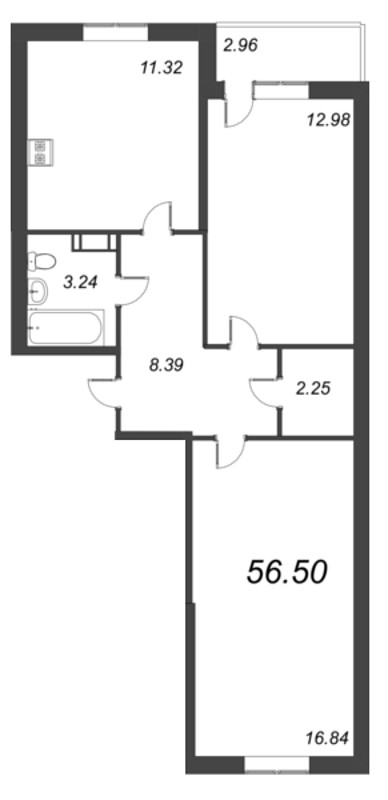 2-комнатная квартира, 56.5 м² - планировка, фото №1