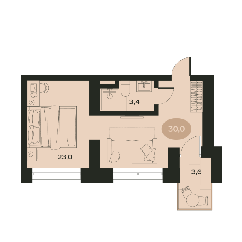 2-комнатная квартира, 30 м² в ЖК "Место в Смолячково" - планировка, фото №1