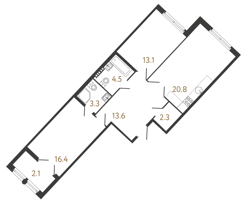 3-комнатная (Евро) квартира, 74 м² в ЖК "МИРЪ" - планировка, фото №1