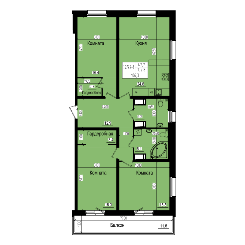 4-комнатная (Евро) квартира, 106.3 м² - планировка, фото №1