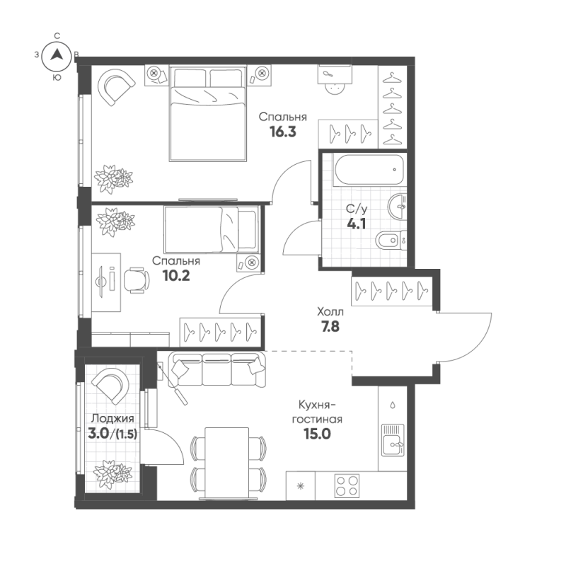 2-комнатная квартира, 54.9 м² в ЖК "Ягодное Река Парк" - планировка, фото №1
