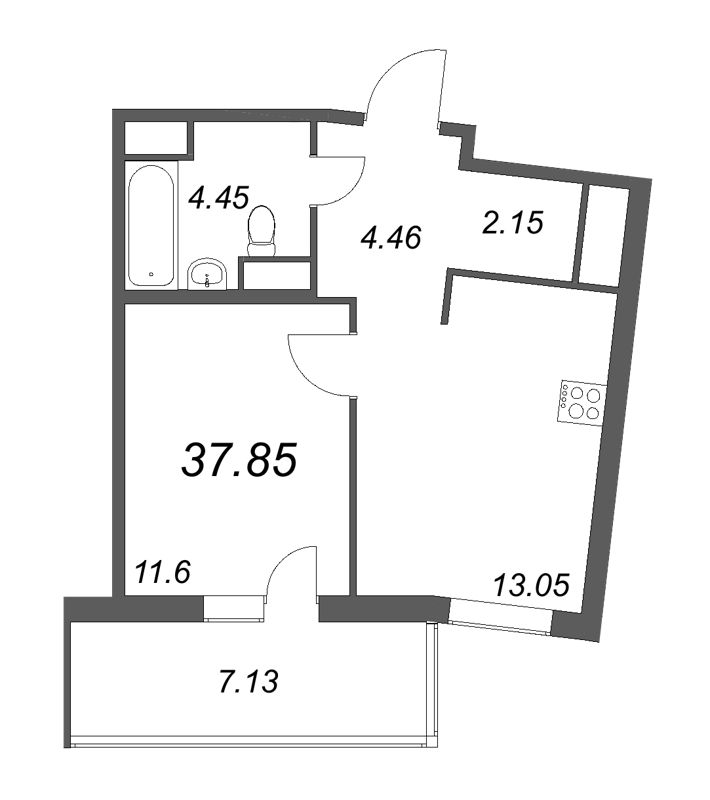 1-комнатная квартира, 42.84 м² - планировка, фото №1