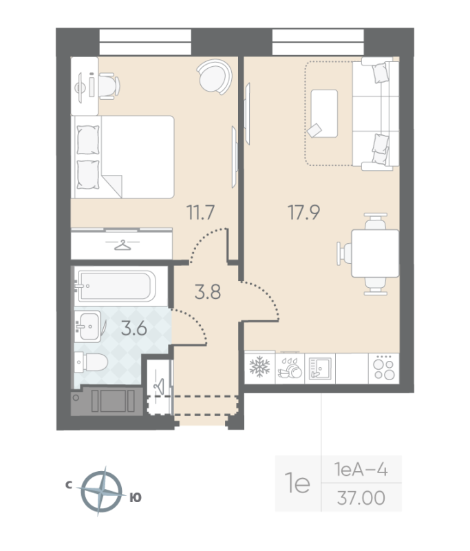 2-комнатная (Евро) квартира, 37 м² в ЖК "Большая Охта" - планировка, фото №1
