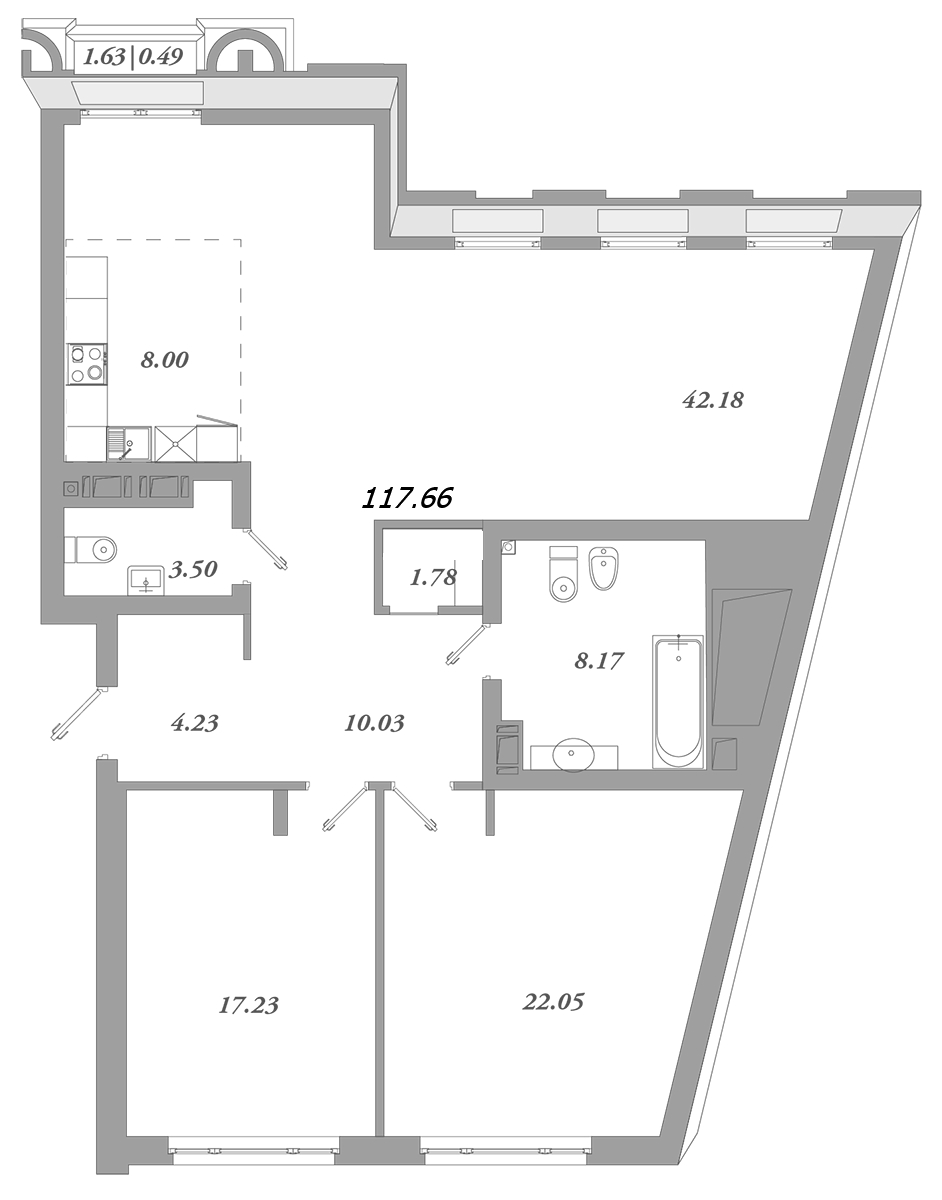 3-комнатная (Евро) квартира, 120.6 м² в ЖК "Приоритет" - планировка, фото №1