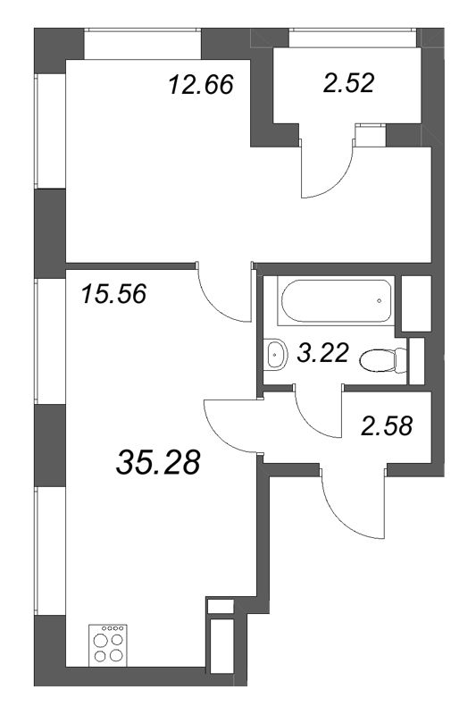 2-комнатная (Евро) квартира, 35.28 м² в ЖК "Гранат" - планировка, фото №1