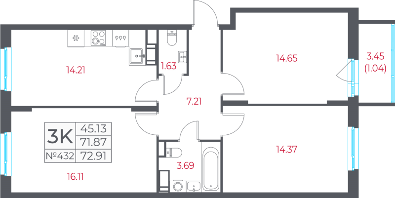 3-комнатная квартира, 72.91 м² - планировка, фото №1