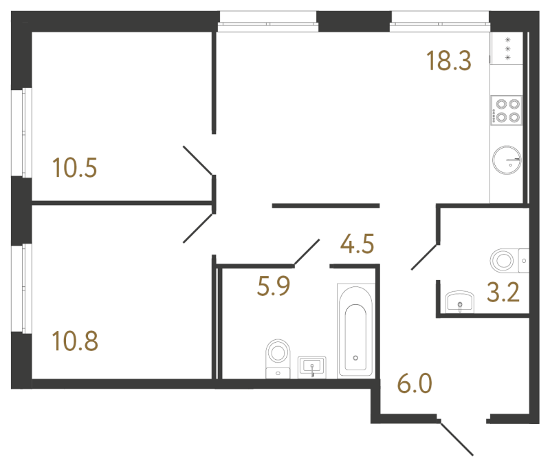 3-комнатная (Евро) квартира, 59.2 м² в ЖК "Струны" - планировка, фото №1