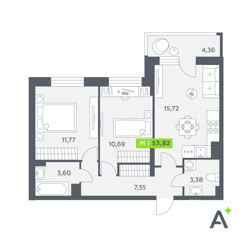 3-комнатная (Евро) квартира, 53.82 м² в ЖК "Аквилон РекаПарк" - планировка, фото №1