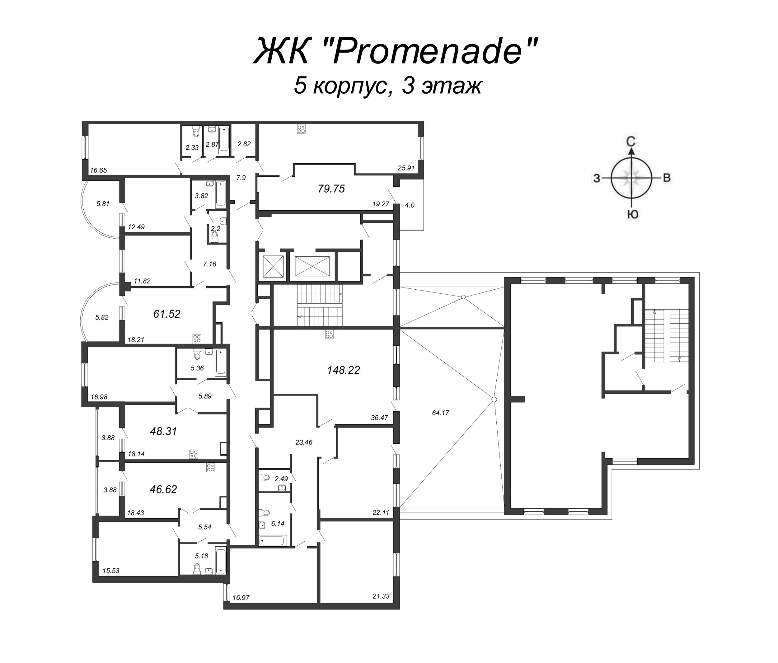 3-комнатная квартира, 144.6 м² в ЖК "PROMENADE" - планировка этажа
