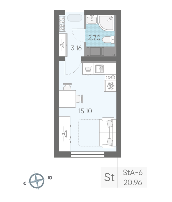 Квартира-студия, 20.7 м² в ЖК "Ручьи" - планировка, фото №1