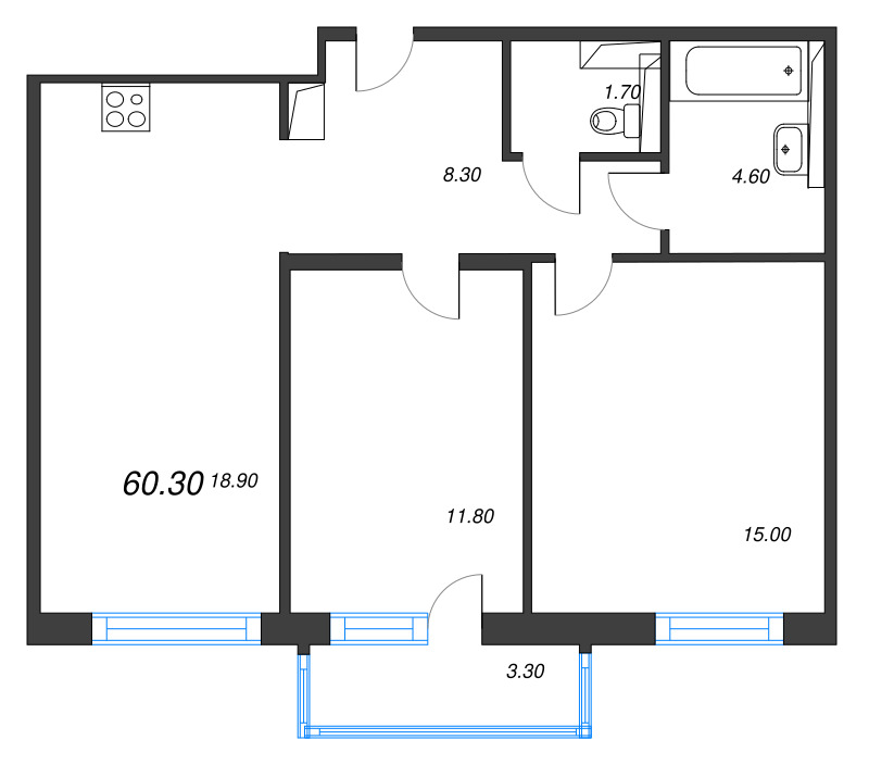 3-комнатная (Евро) квартира, 60.3 м² в ЖК "Руднева 15" - планировка, фото №1