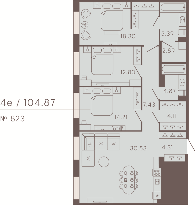 4-комнатная (Евро) квартира, 104.87 м² в ЖК "17/33 Петровский остров" - планировка, фото №1