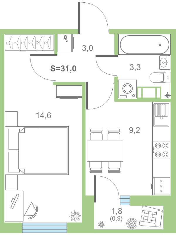 1-комнатная квартира, 31.6 м² - планировка, фото №1