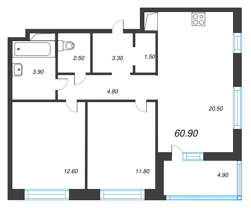 3-комнатная (Евро) квартира, 60.9 м² в ЖК "Литера" - планировка, фото №1