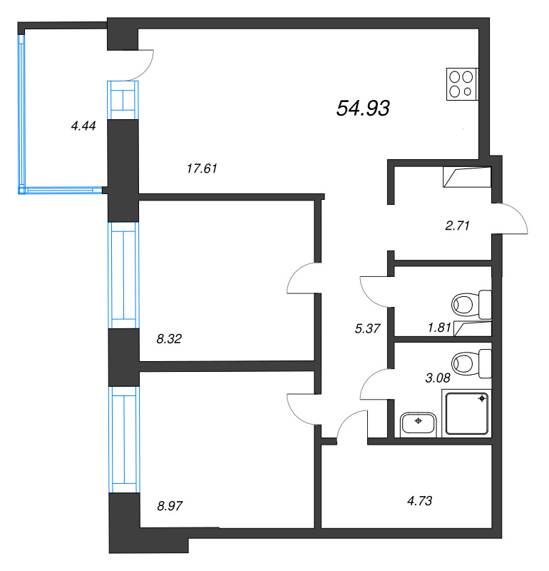 3-комнатная (Евро) квартира, 54.93 м² в ЖК "Уютный" - планировка, фото №1