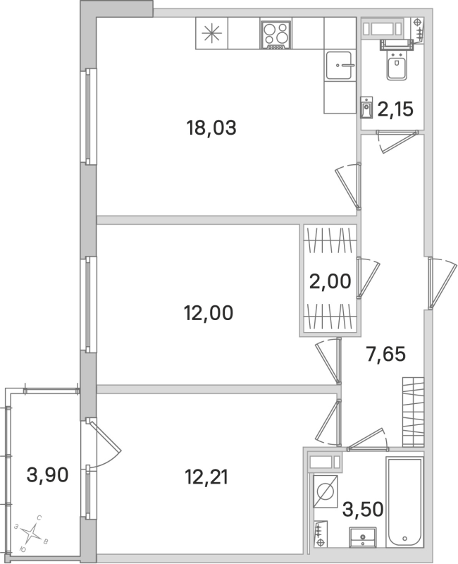 3-комнатная (Евро) квартира, 57.54 м² в ЖК "Любоград" - планировка, фото №1