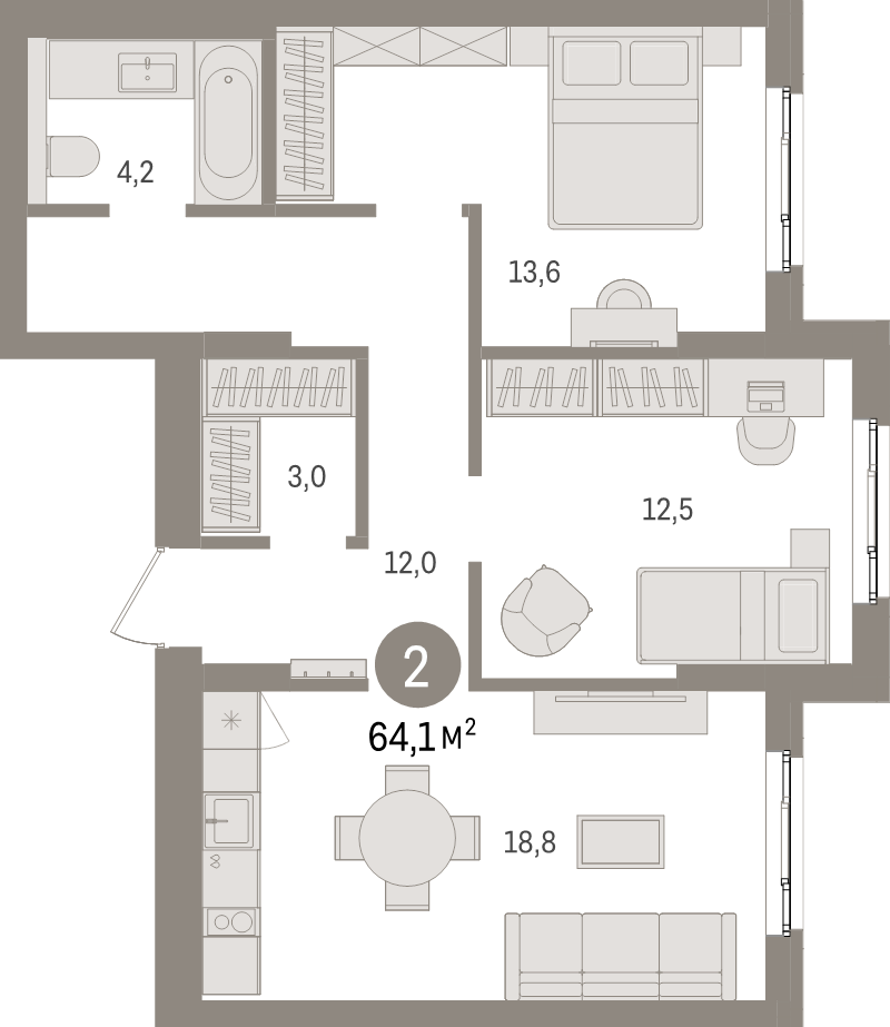 3-комнатная (Евро) квартира, 64.1 м² - планировка, фото №1