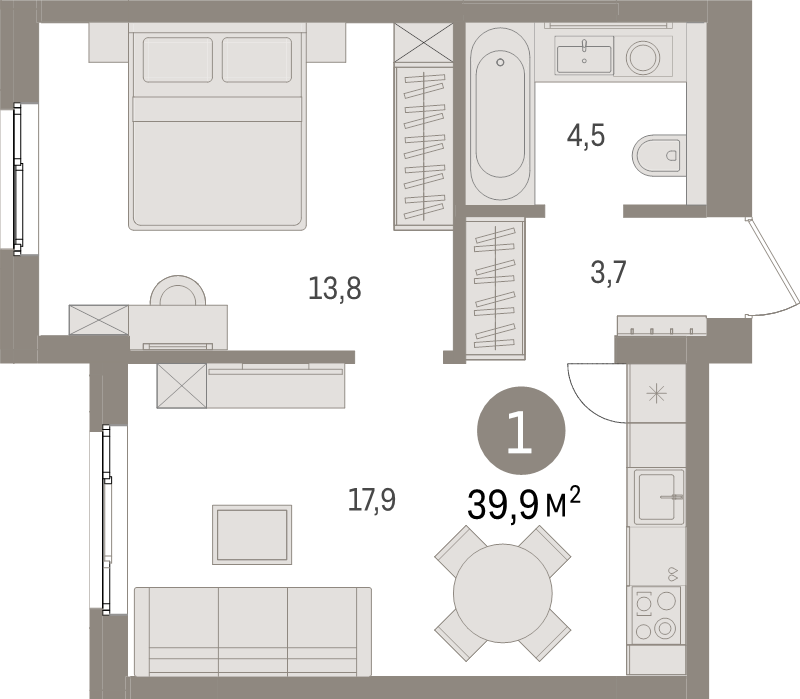 2-комнатная (Евро) квартира, 39.9 м² в ЖК "Брусника в Новоселье" - планировка, фото №1