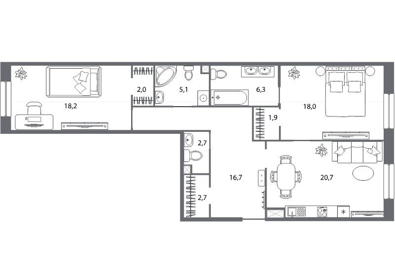 3-комнатная (Евро) квартира, 94.3 м² - планировка, фото №1