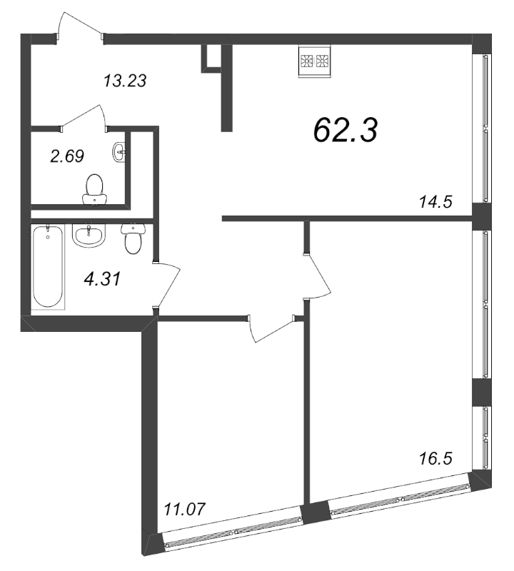 2-комнатная квартира, 63.4 м² - планировка, фото №1