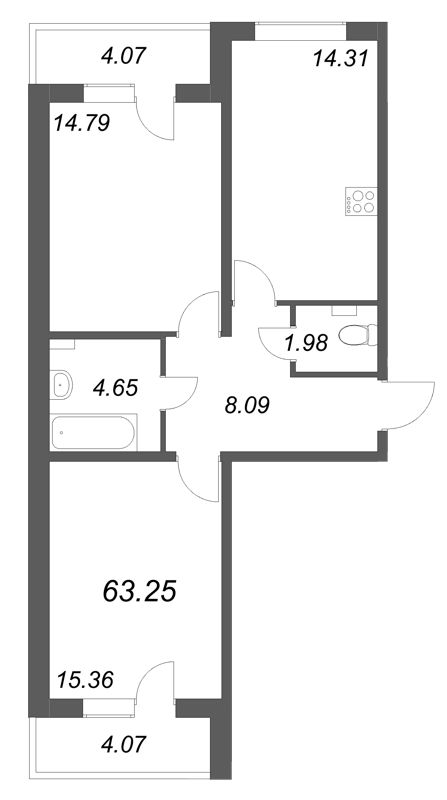 2-комнатная квартира, 63.25 м² в ЖК "АРО" - планировка, фото №1