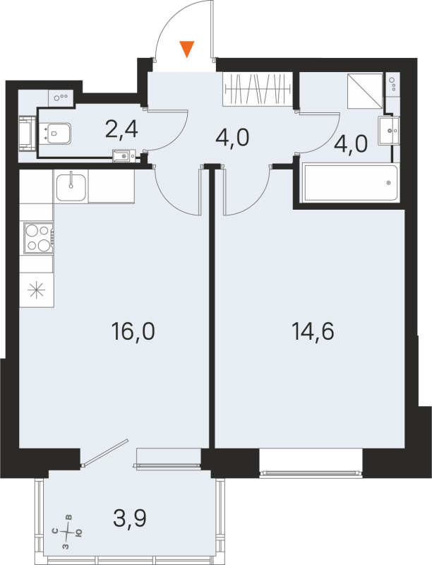 2-комнатная (Евро) квартира, 41 м² в ЖК "М36" - планировка, фото №1