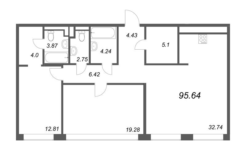 3-комнатная (Евро) квартира, 95.64 м² - планировка, фото №1
