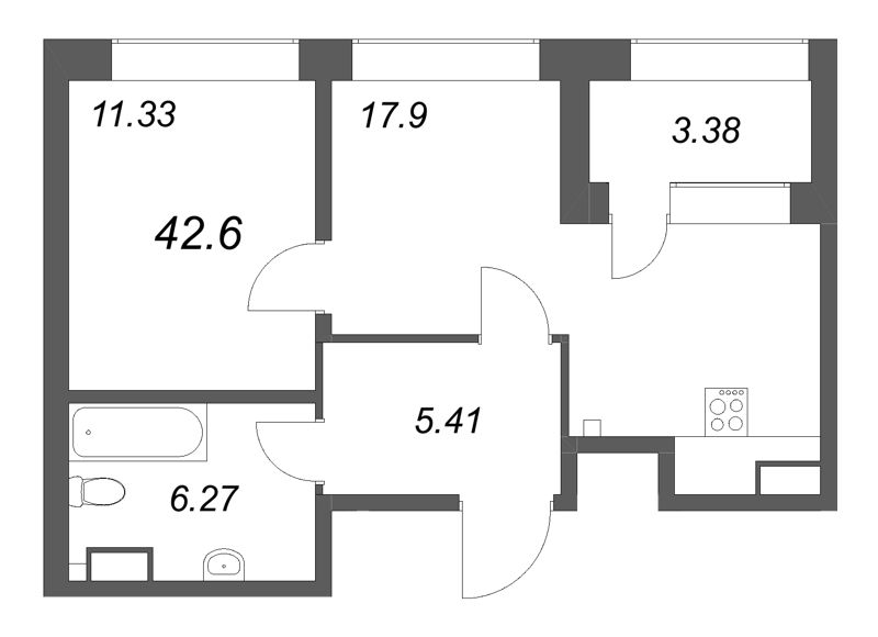2-комнатная (Евро) квартира, 42.6 м² в ЖК "Аквилон Солар Парк" - планировка, фото №1