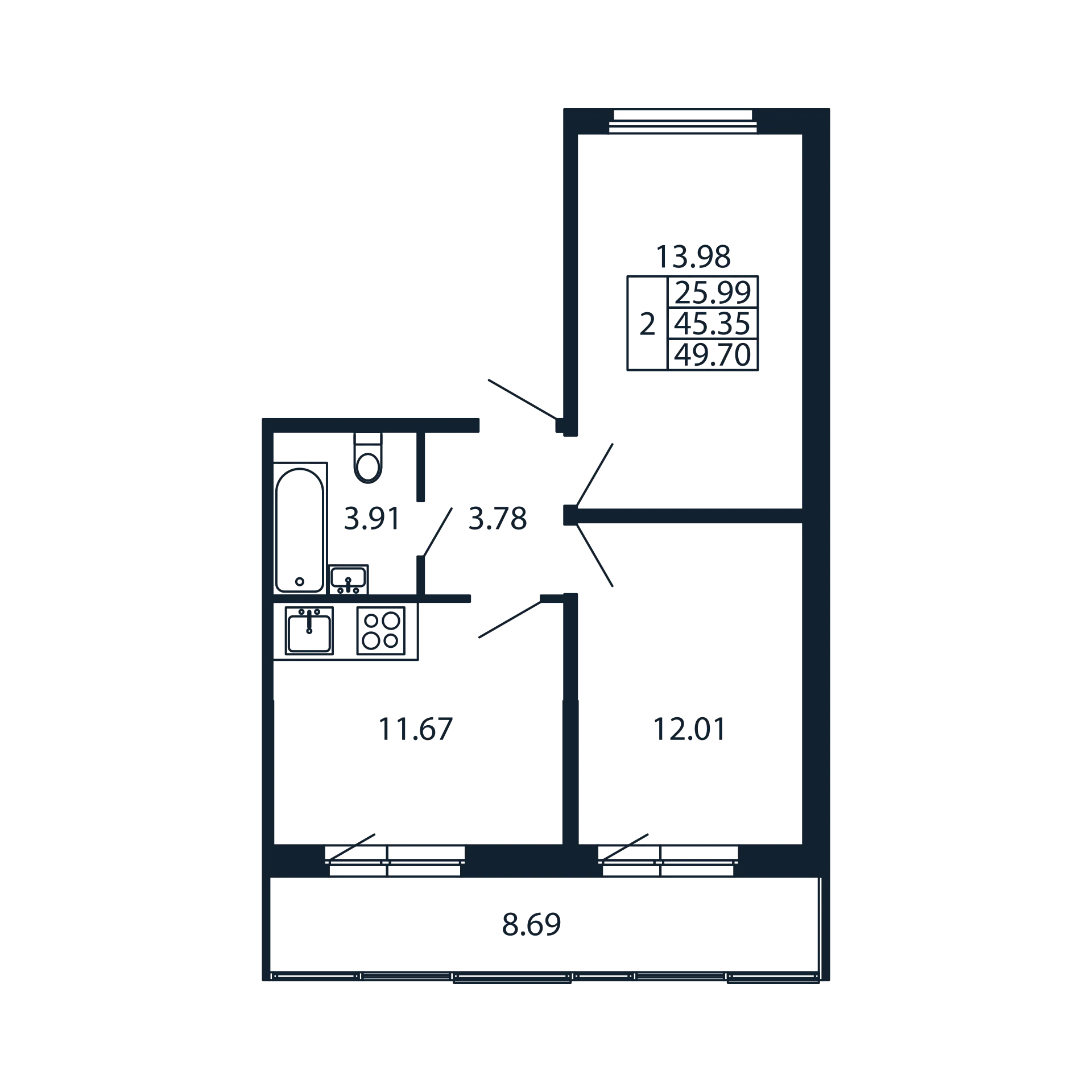 2-комнатная квартира, 45.35 м² в ЖК "Полис Новоселье" - планировка, фото №1