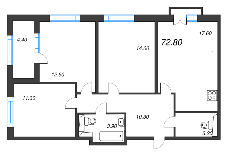 4-комнатная (Евро) квартира, 72.8 м² в ЖК "Дубровский" - планировка, фото №1