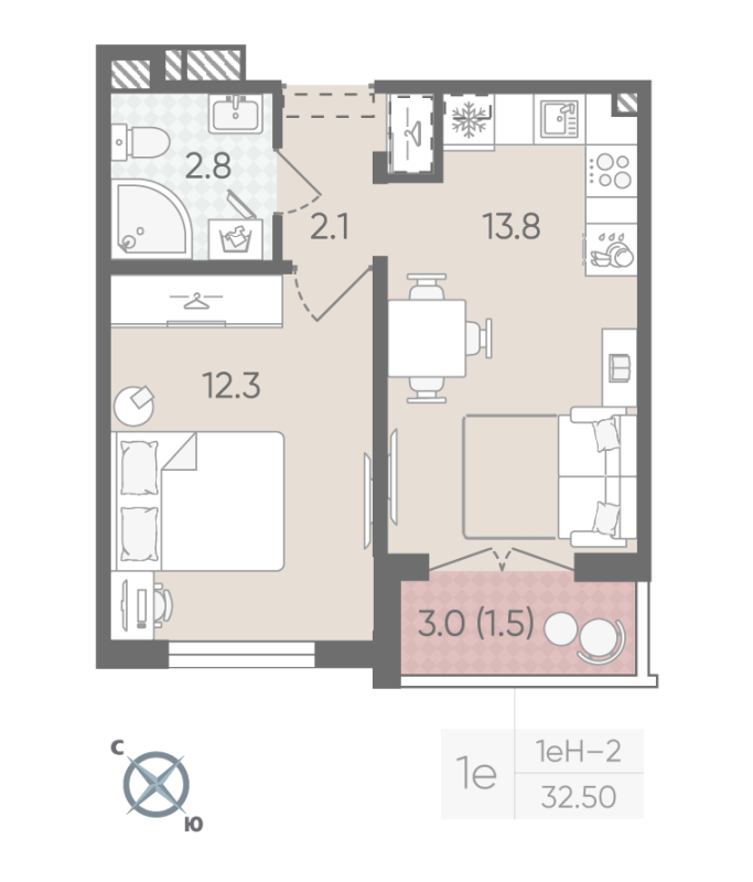 1-комнатная квартира, 32.5 м² в ЖК "Пейзажный квартал" - планировка, фото №1