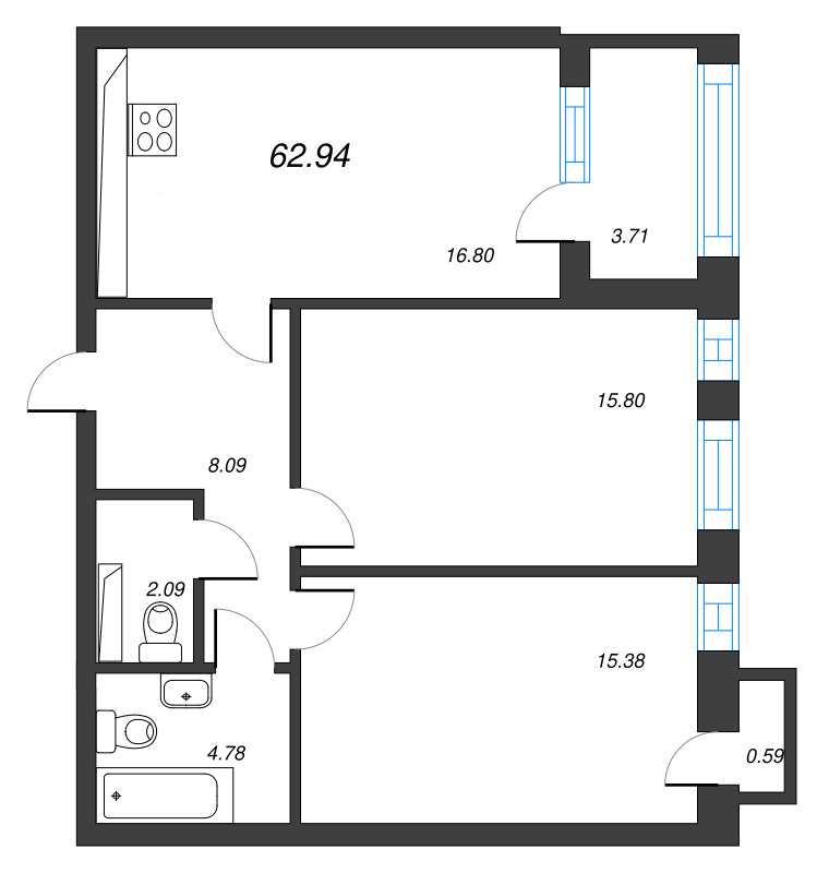 3-комнатная (Евро) квартира, 64.98 м² в ЖК "Кронфорт. Центральный" - планировка, фото №1