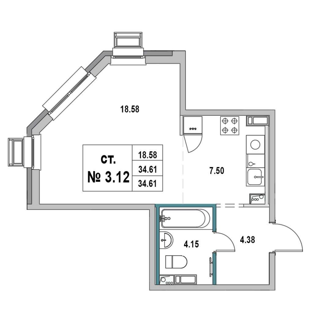 Квартира-студия, 34.61 м² в ЖК "Новый Город" - планировка, фото №1